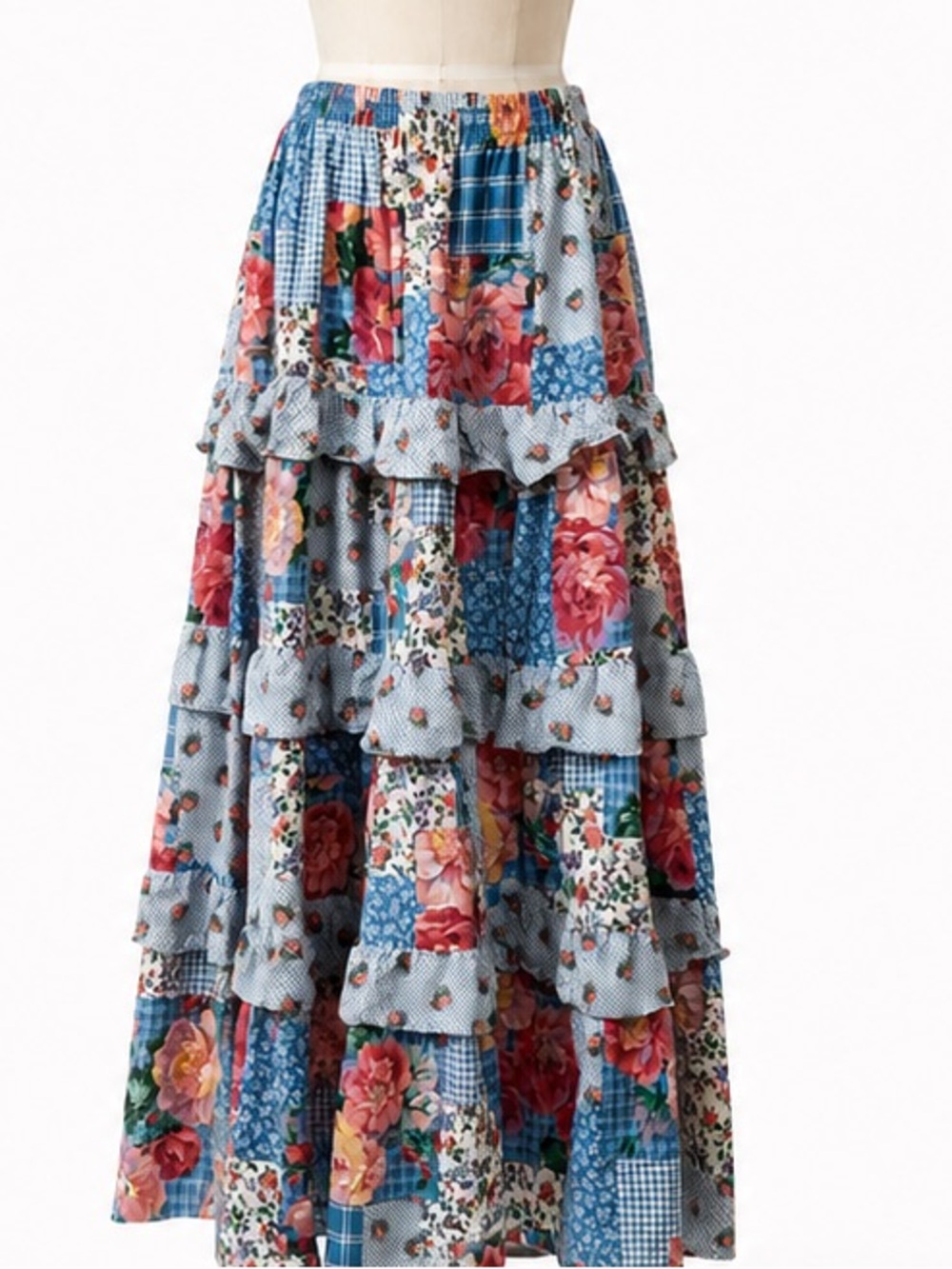 Vintage Floral Patchwork Tiered Maxi 100% Cotten Cottagecore Skirt